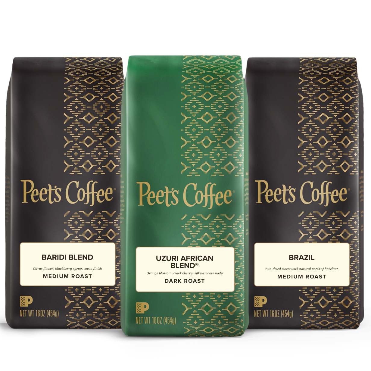 Three Peet's Coffee bags with different blends on a white background